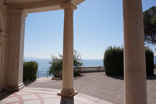 View on the mediterranean sea through columns in Opatija, Croatia 2020