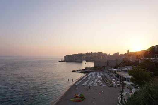 View onto Banje beach in Dubrovnik before sunset, Croatia 2020