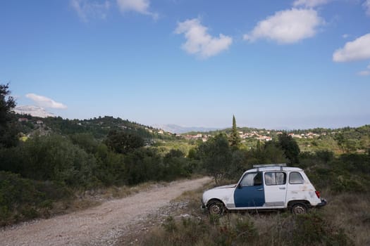 Abandoned old car in the middle of nowhere on the island of korcula, Croatia 2020