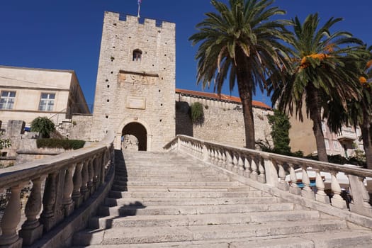 Stairs leading to gate of Korcula, entrance to the walled old town, Croatia 2020