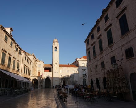 Dubrovnik's main street with the famous clock tower in the background, Croatia 2020