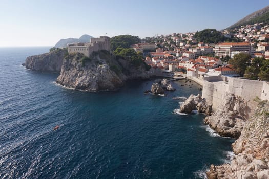 Spectacular view from Dubrovnik's city walls onto the adriatic sea, Croatia 2020