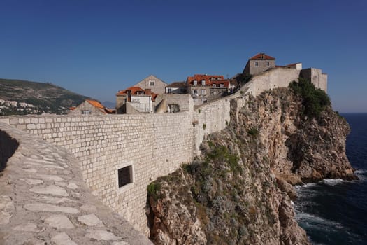 Dubrovnik's city walls - built onto the cliffs along the shore, Croatia 2020