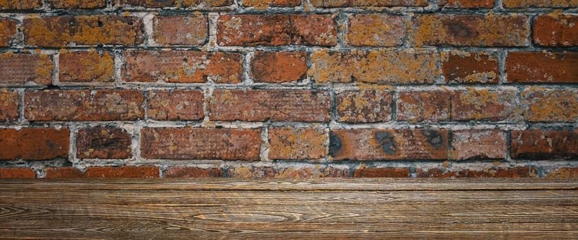 The background is blank wooden boards and a textured brick wall with lighting and vignetting. For product demonstrations, free space, layout, mockup, perspective board, background board.