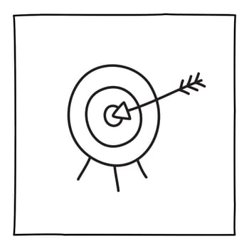 Doodle target icon or logo, hand drawn with thin black line. Isolated on white background. Vector illustration