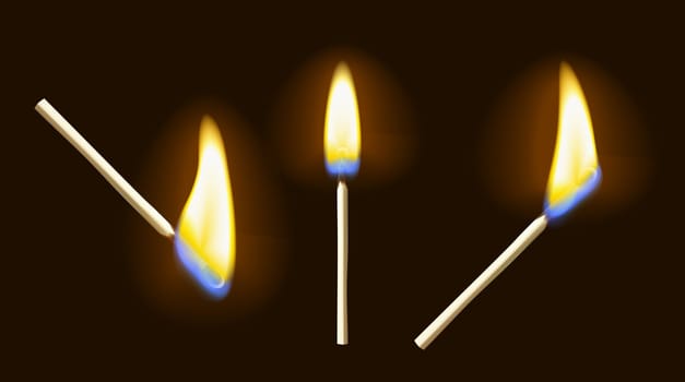 Realistic burning matchstick flame set with transparency, isolated on black background. Vector illustration