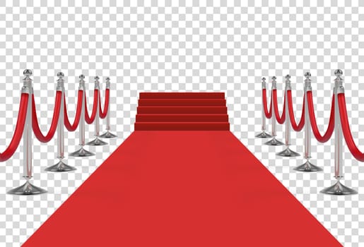 Red carpet with stairs, podium, red ropes and golden stanchions. Vector illustration.