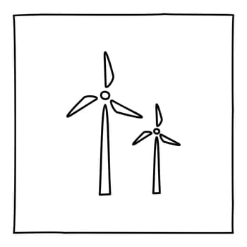 Doodle windmill icon or logo, hand drawn with thin black line. Graphic design element isolated on white background. Vector illustration