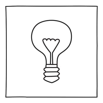 Doodle Economic Light Bulb icon. Black and white symbol with frame. Line art style graphic design element. Web button. Isolated on white background. Ecology, clean technology concept.