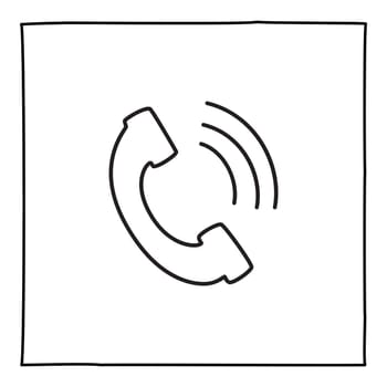 Doodle telephone call icon or logo, hand drawn with thin black line. Isolated on white background. Vector illustration