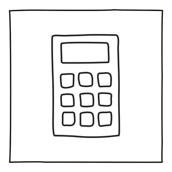 Doodle calculator icon or logo, hand drawn with thin black line. Isolated on white background. Vector illustration