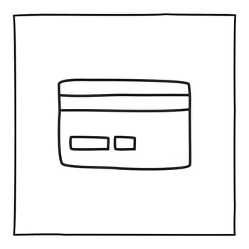 Doodle credit card or logo, hand drawn with thin black line. Isolated on white background. Vector illustration