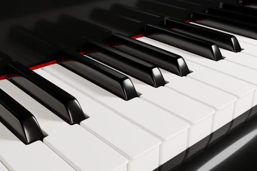 Piano keyboard close up view of black and white keys. Musical background. 3D illustration