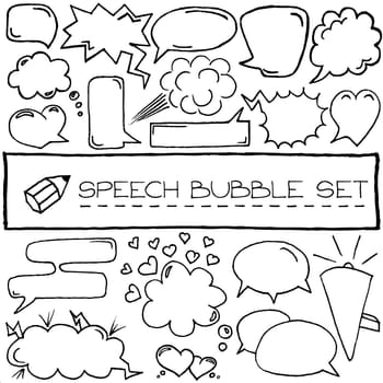 Hand drawn speech bubbles with hearts and clouds. Vector illustration.