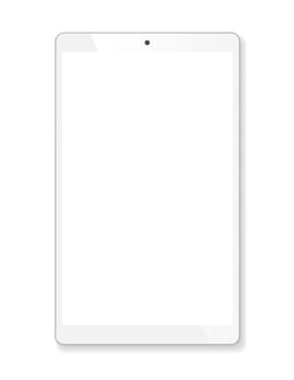 Realistic tablet portable computer. Contemporary white gadget. Graphic design element for catalog, web site, as blank mockup, demonstration template. Isolated on white background. Vector illustration.