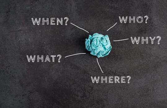 Crumpled up paper on a blackboard, brainstorming, new idea, why, what, who?