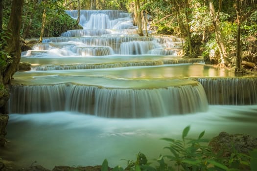 Huay Mae Khamin waterfall in Kanchanaburi, Thailand South east asia Jungle landscape with amazing turquoise water of cascade waterfall at deep tropical rain forest. travel landscape and destinations