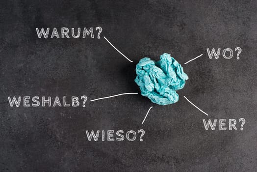 Crumpled up paper on a blackboard, brainstorming, new idea, why, what, who? German language