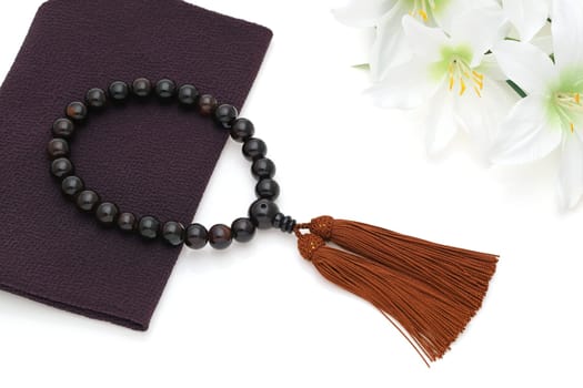 Buddhist rosary called Juzu. Buddhist tool used for praying at funeral