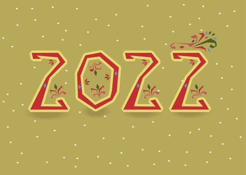 New Year 2022. Artistic red number with folk floral decor. Yellow background with snowfall. Illustration