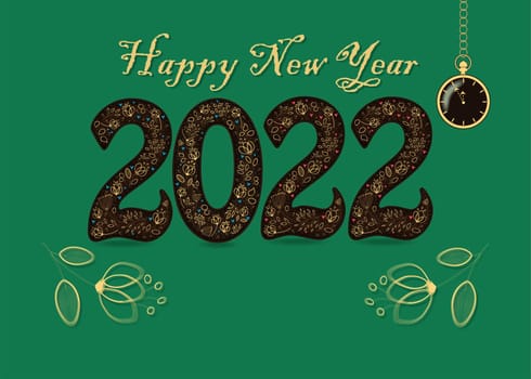 Artistic brown number 2022 with floral decor - golden graceful flowers and hearts. Yellow text and two big flowers. Place for custom text. Pocket golden watch shows five to twelve o'clock. Green background. illustration