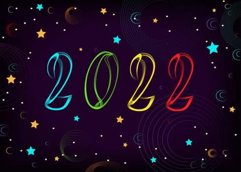 New Year colorful number 2022 with neon effect. Dark blue background is as a night sky with stars and planets. Illustration