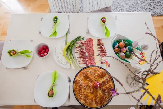 Traditional food serving on table,   Eastern orthodox Easter day at home.