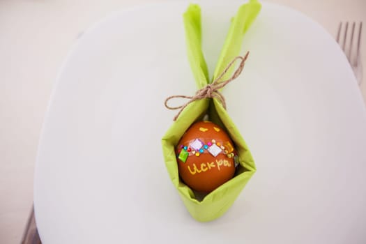 Easter eggs , traditional colorful eggs, Symbol of Eastern Orthodox Easter Day, table setting at home