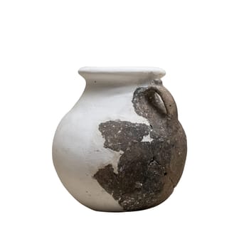front view closeup of antique reconstructed pot vase with small handle isolated on white background