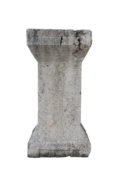 front view closeup of large antique classical stone column isolated on white background