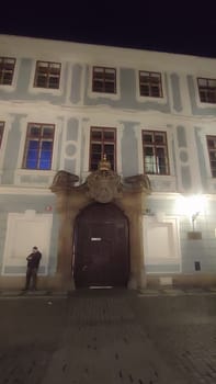 October 15 2024 Prague Czech Republic Europe historic buildings window theatre night street architecture . High quality photo