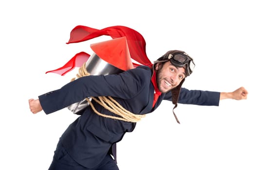 businessman with home made rocket ready for a challenge