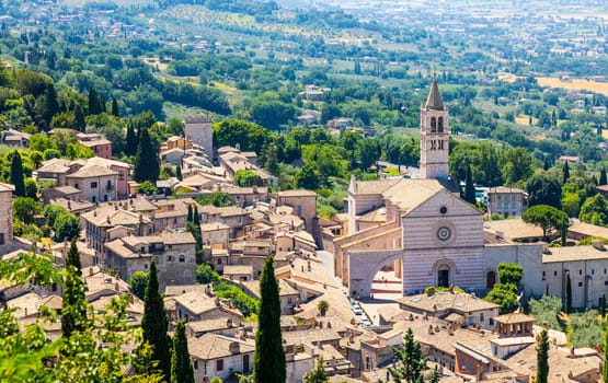 Assisi village in Umbria region, Italy. The town is famous for the most important Italian St. Francis Basilica (Basilica di San Francesco)