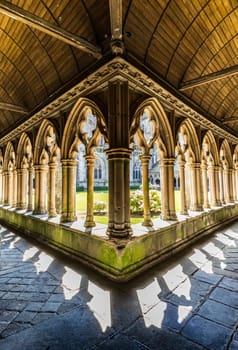 Treguier, Cotes d'Armor, France - August 6th 2017: Saint-Tugdual cathedral, the cloister in flamboyant gothic style from 1461