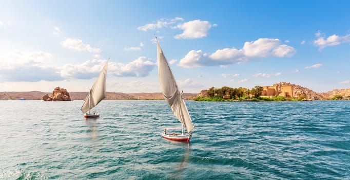 Sailboats of the Nile, Aswan banks, Egypt.