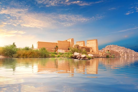 Philae temple on Agilkia Island, view from the Nile, Aswan, Egypt.