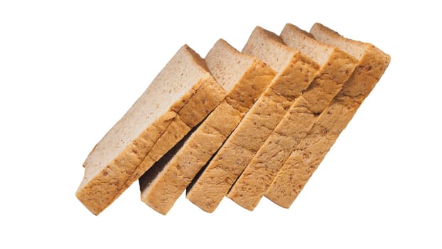 Toast bread stands in a row close-up  Isolated white background  with clipping path