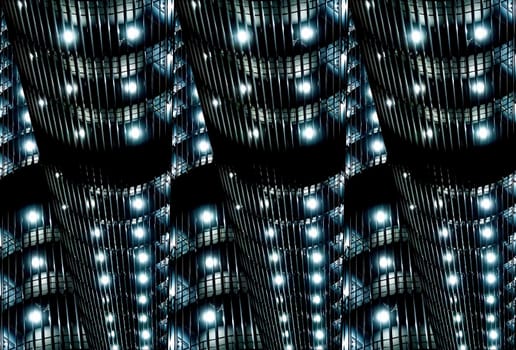 Abstract geometric image of a building night illumination. Night lighting. Office building. UFO. Spaceship. Alien civilization. Background image. Template for text. Business.