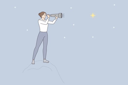 Looking at stars with binoculars concept. Young woman cartoon character standing looking at stars on sky through binoculars vector illustration