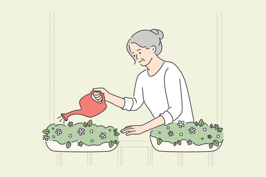 Elderly people happy lifestyle concept. Smiling old mature elderly woman grandmother standing watering flowers in pots on balcony vector illustration