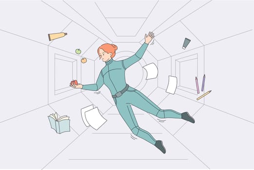 Levitation and flying in space concept. Young woman spaceman cosmonaut in suit flying levitating in spaceship catching apples vector illustration