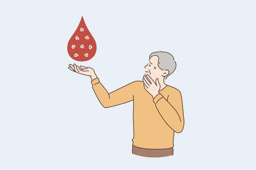 Blood donation and help concept. Old sick man standing holding huge blood drop on hand touching chin and head for charity donation vector illustration