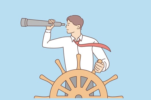 Opportunities and business development concept. Young smiling businessman cartoon character standing at wheel looking away with binoculars vector illustration