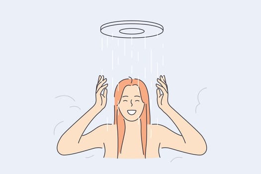 Taking shower and relaxation concept. Young smiling female standing enjoying soft shower water drops doing wellness procedure treatment vector illustration