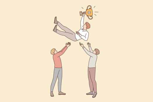Business success, leadership, teamwork concept. Two smiling businessmen cartoon characters standing putting on air winner businessman successful leader flying in air vector illustration