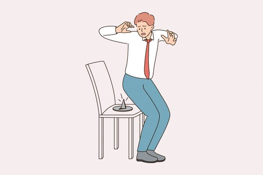Deadlines and stress in business concept. Young stressed frustrated businessman looking with panic at chair with push button on it vector illustration
