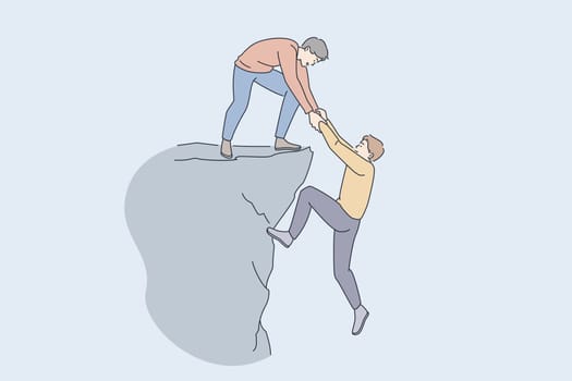 Helping hand and assistance concept. Young man standing on peak of rock giving hand to help his friend to climb up assisting working as team vector illustration