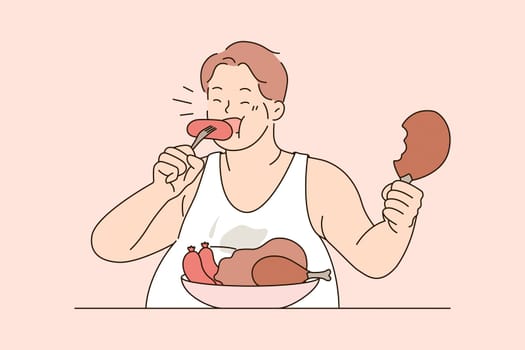 Over eating and unhealthy diet concept. Fat man sitting eating sausages meat with appetite overeating living unhealthy lifestyle vector illustration