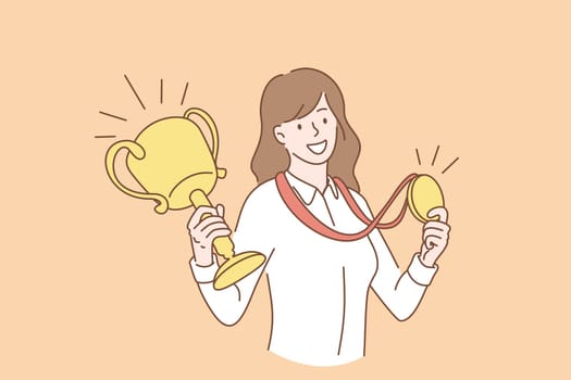 Business success and achievement concept. Young smiling business woman cartoon character standing holding golden medal and first prize trophy in hands vector illustration