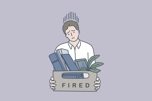 Feeling sad of being fired concept. Young man worker standing feeling stressed being fired holding box with belongings vector illustration